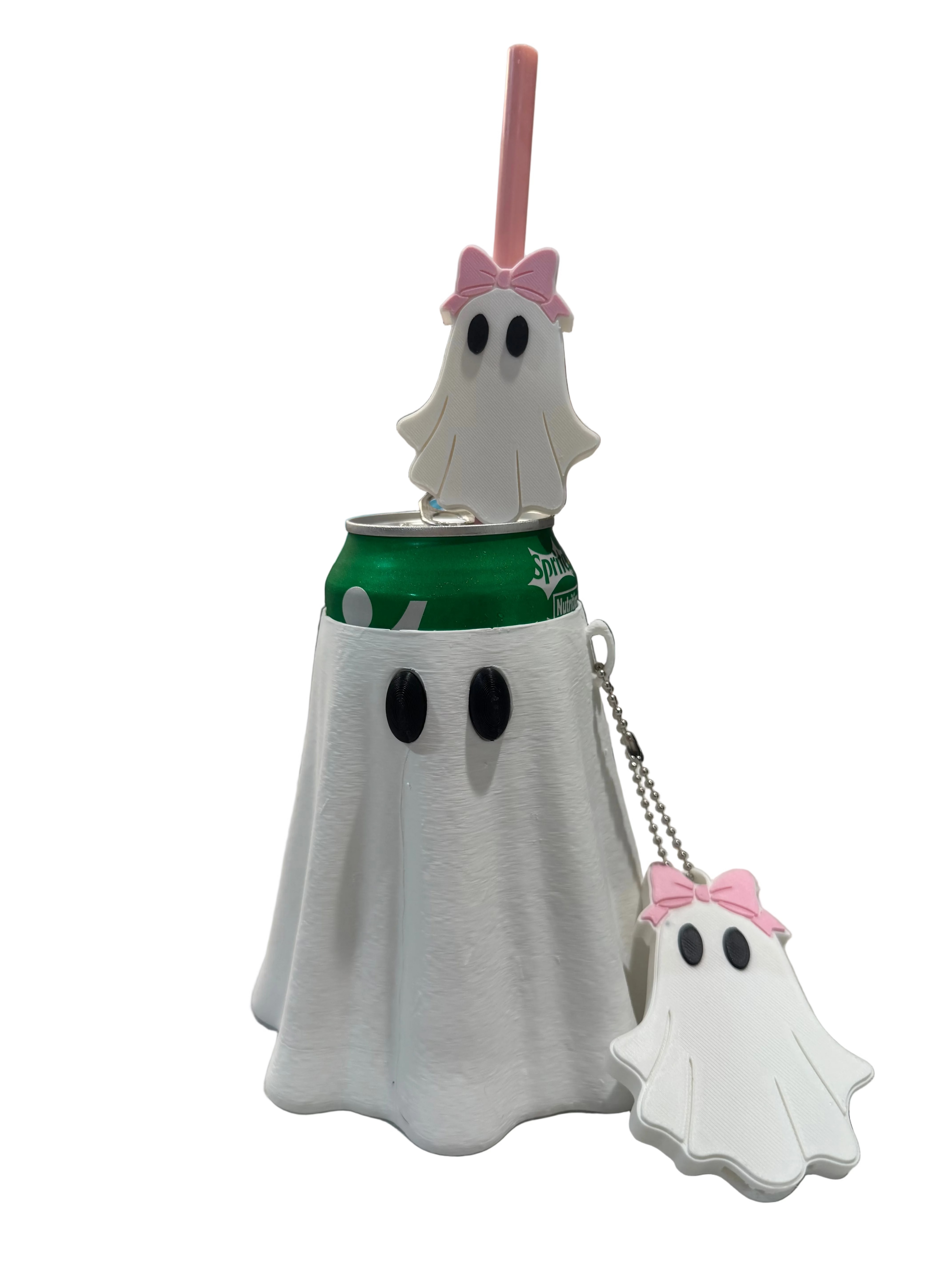Spooky Ghost Theme 12oz Standard Can Holder, Manual Can Opener, Decorative Straw Topper