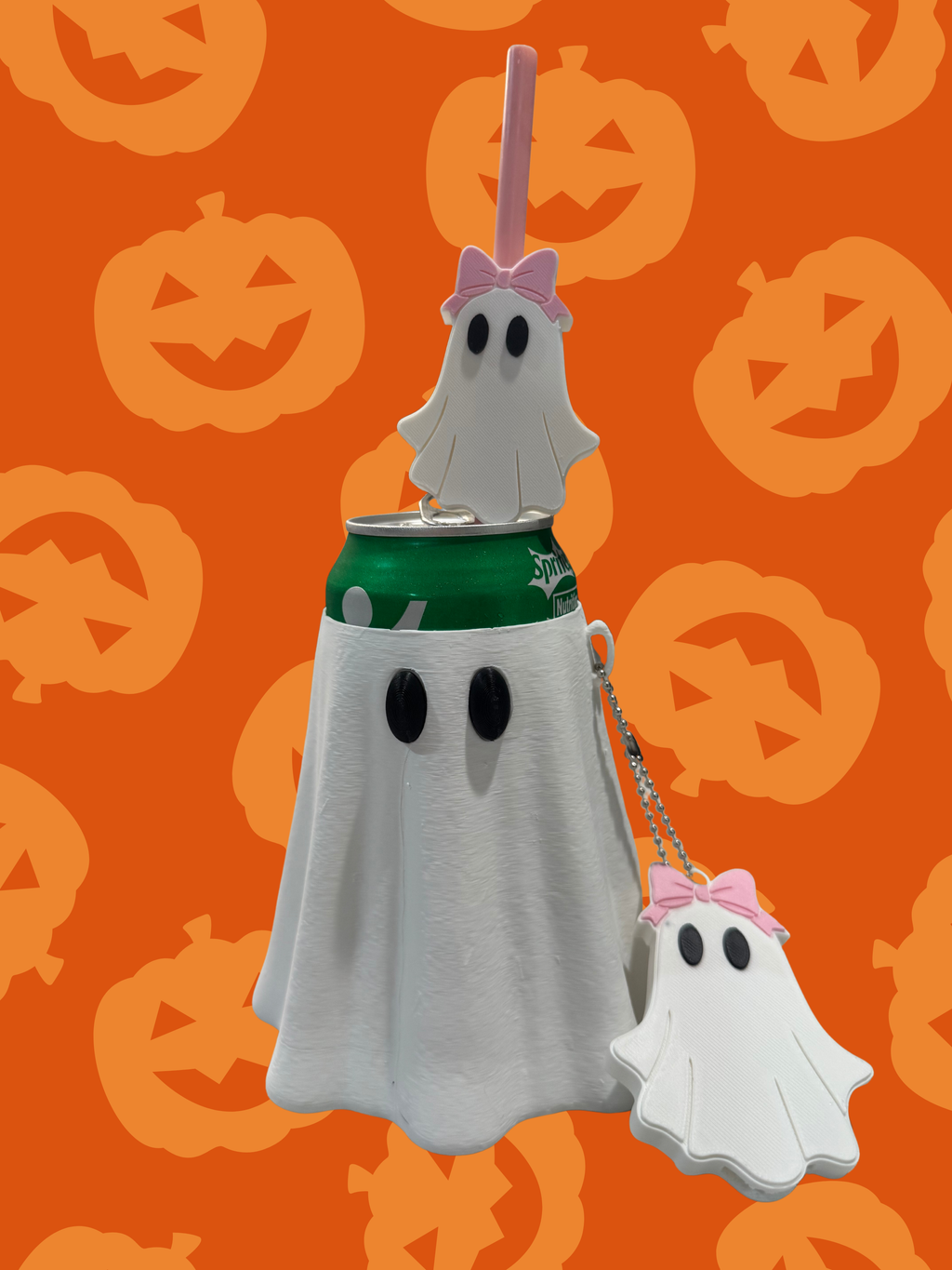 Spooky Ghost Theme 12oz Standard Can Holder, Manual Can Opener, Decorative Straw Topper